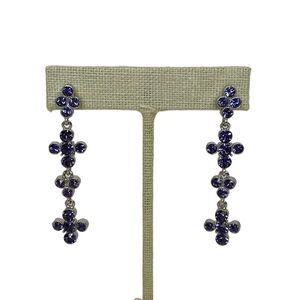 Joan Rivers Purple Rhinestones Drop Flower Dangle Pierced Earrings Silver Tone